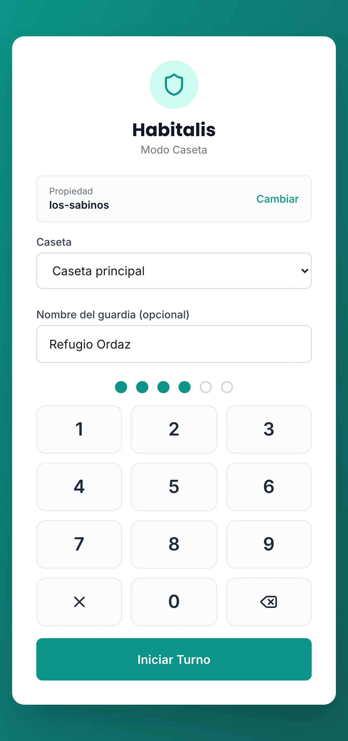 Pantalla de acceso del modo caseta de Habitalis con PIN de 4 dígitos