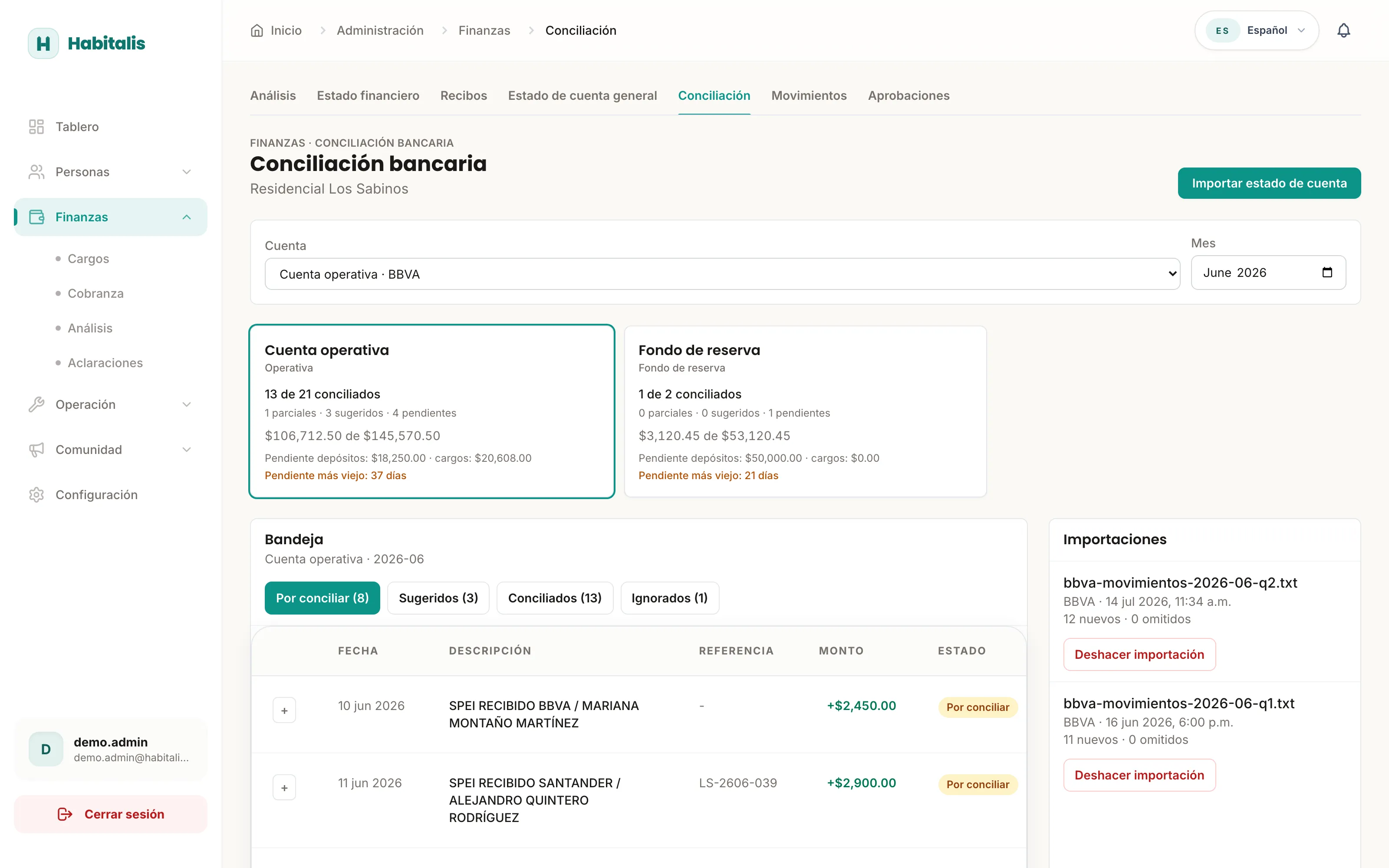 Conciliación bancaria de Habitalis: bandeja de movimientos de BBVA con conciliados, sugeridos, un pago parcial e importaciones del mes
