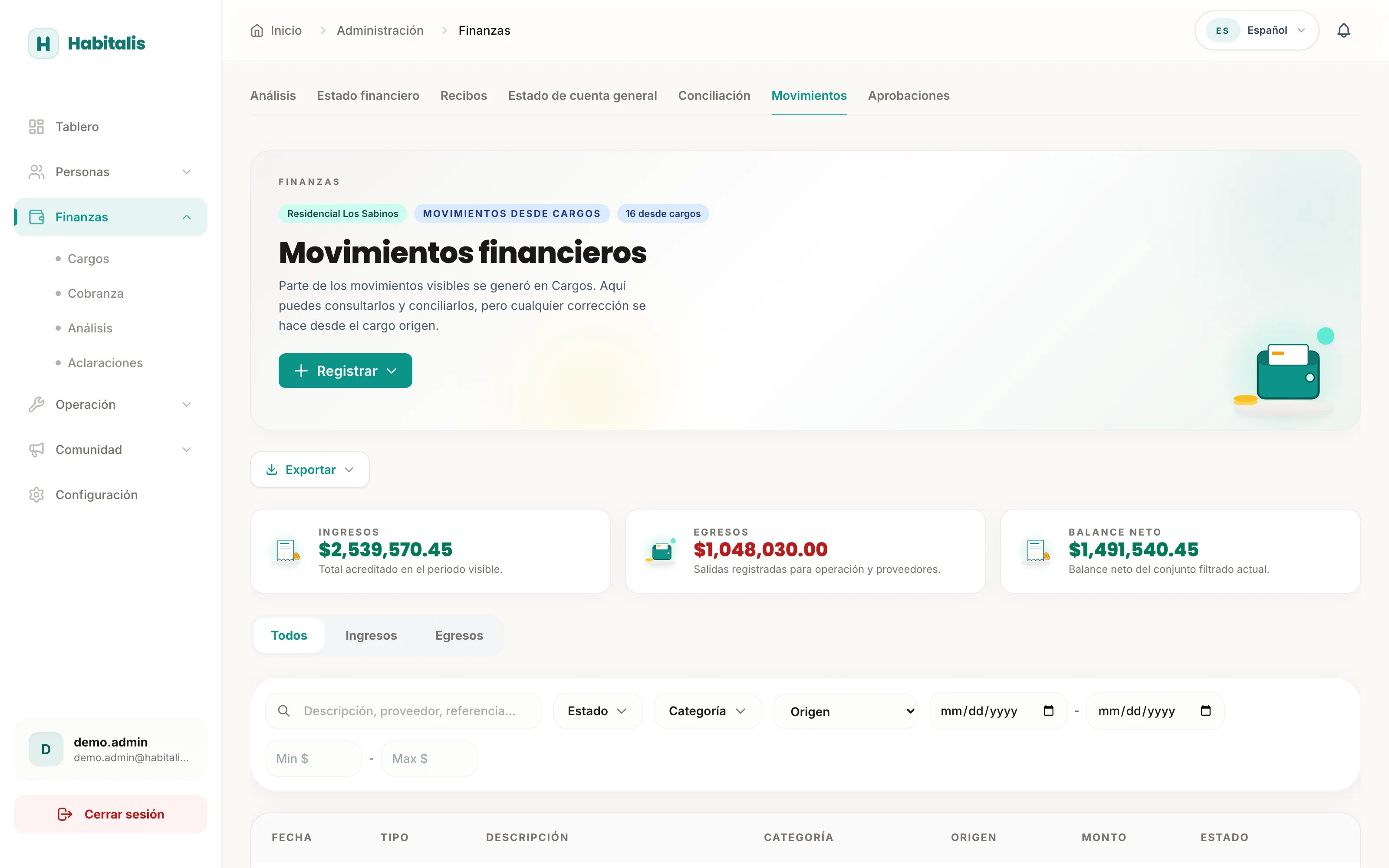 Detalle de movimientos financieros reales de Habitalis: filtros y tabla de movimientos del condominio demo