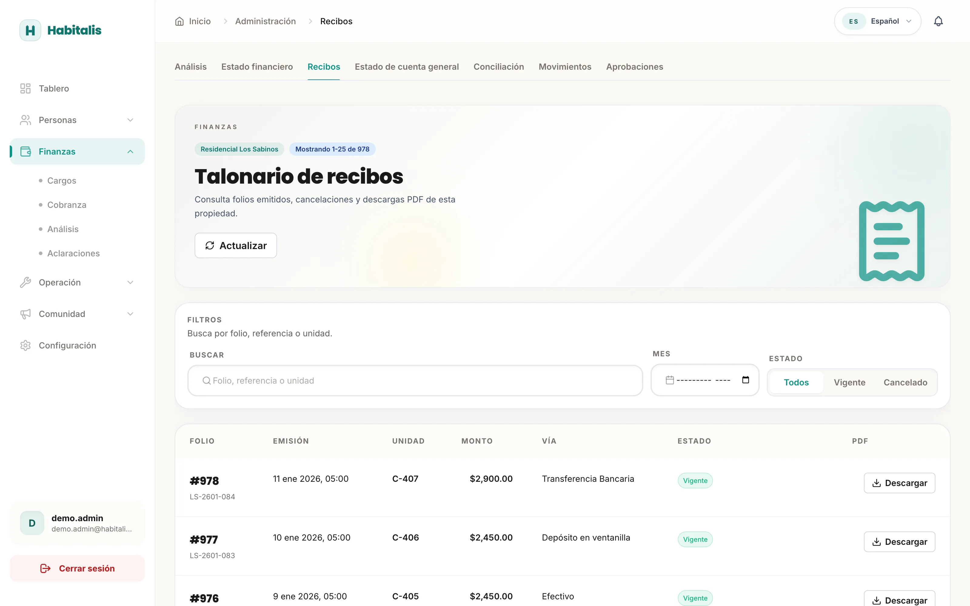Talonario de recibos de Habitalis con folios consecutivos, estados vigente y cancelado, y descarga en PDF