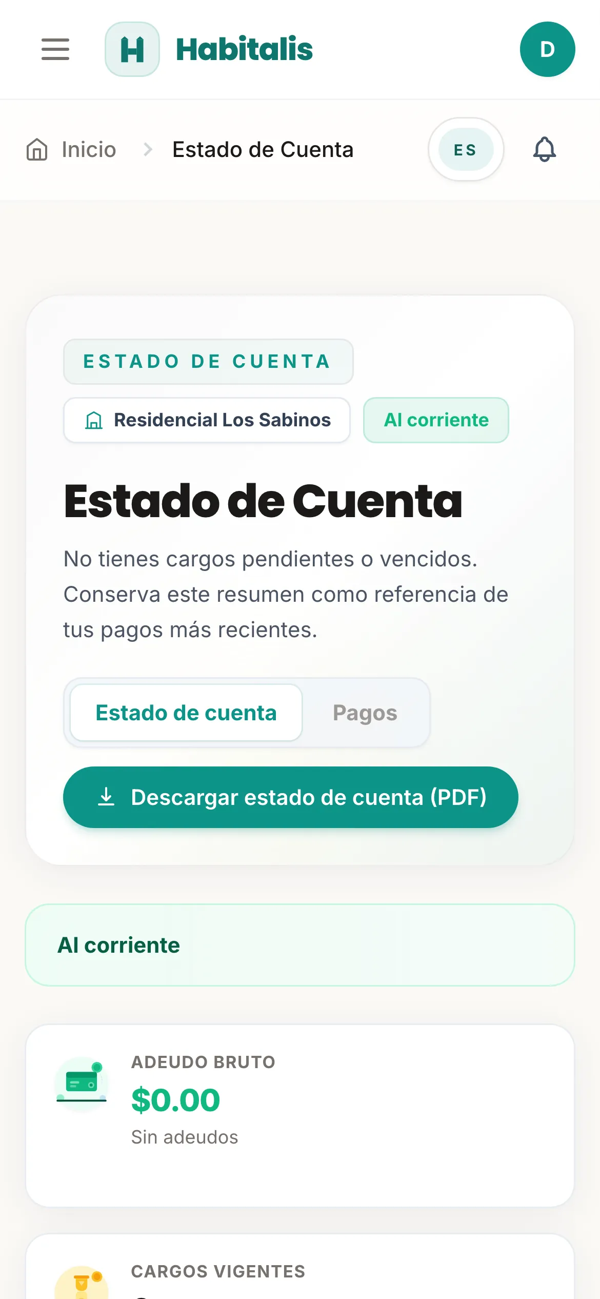 Estado de cuenta del residente en Habitalis mostrando que está al corriente, visto en un teléfono