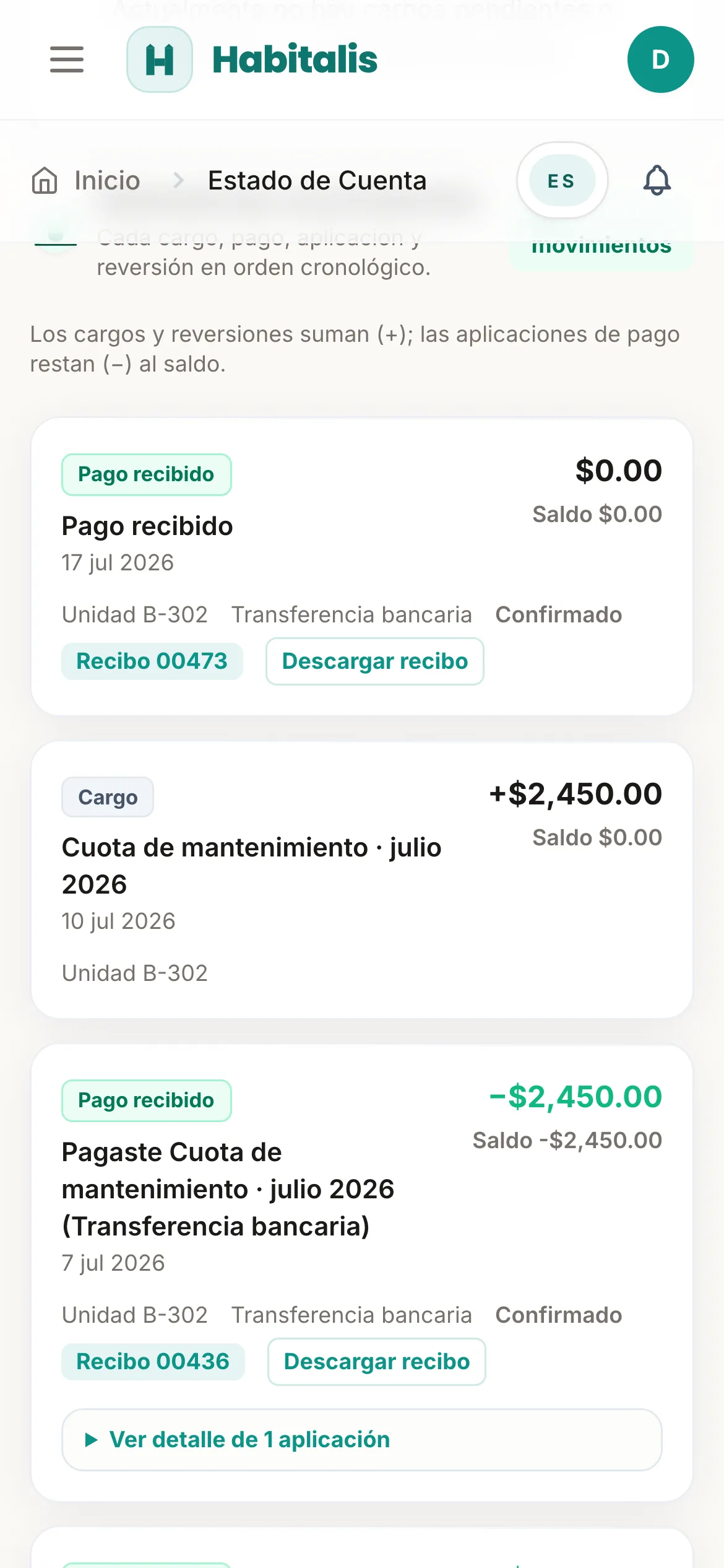 Historial de movimientos del residente en Habitalis con cargos, pagos aplicados y recibos descargables