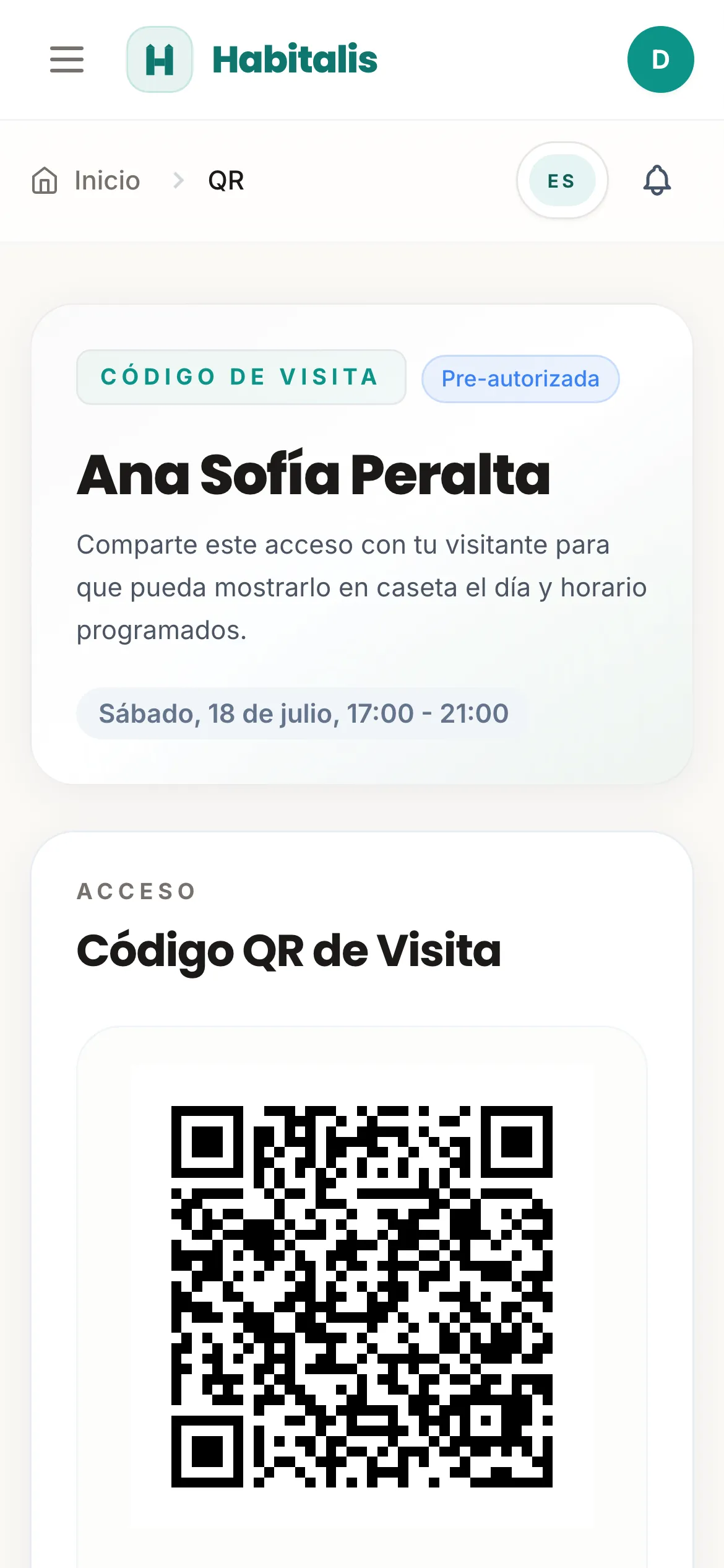 Código QR de una visita preautorizada en el portal móvil de Habitalis
